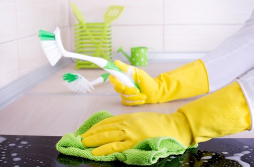 Worksite safety scene with carpet cleaning equipment and caution